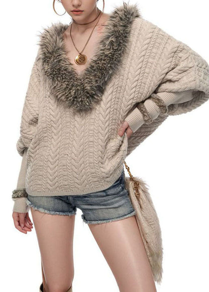 American Spicy Girl Bat Sleeve Fur Collar Patchwork Knitted Sweater