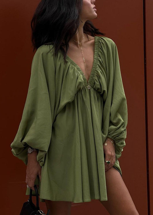 American Style Army Green V Neck Puff Sleeve Cotton Short Dress