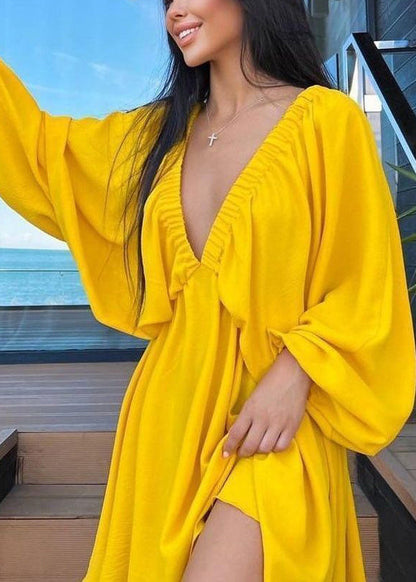 American Style Army Green V Neck Puff Sleeve Cotton Short Dress