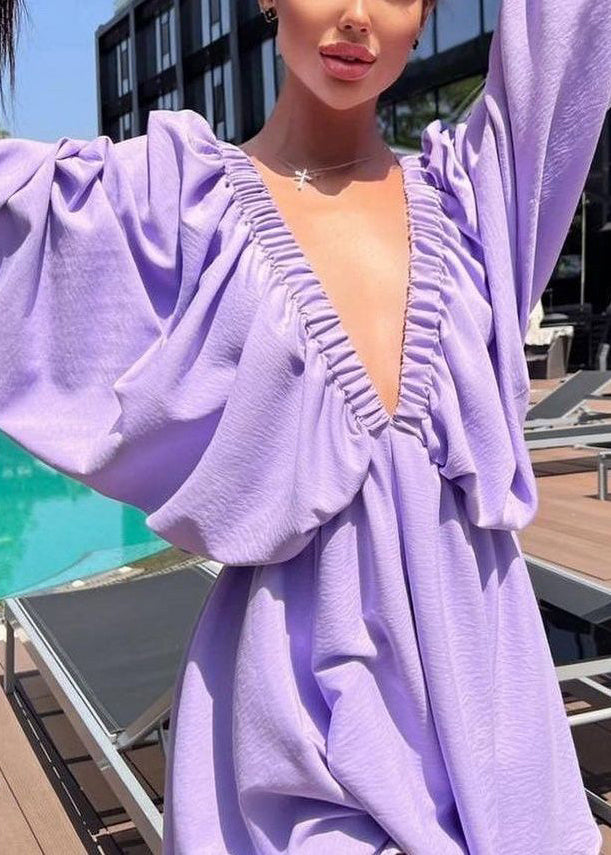 American Style Army Green V Neck Puff Sleeve Cotton Short Dress