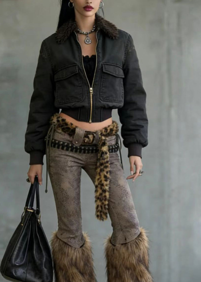 American Style Fuzzy Fur Patchwork Denim Flared Trousers Spring