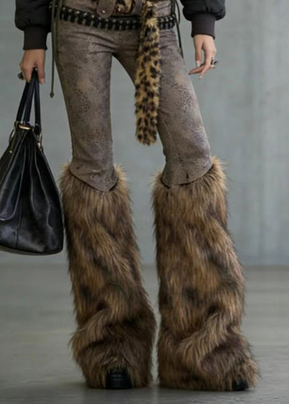 American Style Fuzzy Fur Patchwork Denim Flared Trousers Spring