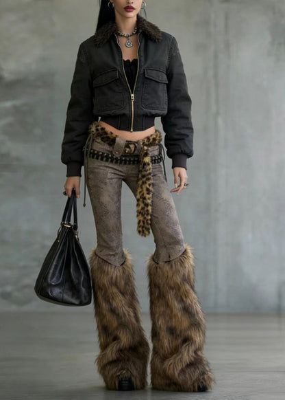 American Style Fuzzy Fur Patchwork Denim Flared Trousers Spring