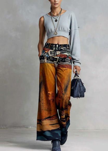 American Style Paintings Print Denim Wide Leg Pants Spring