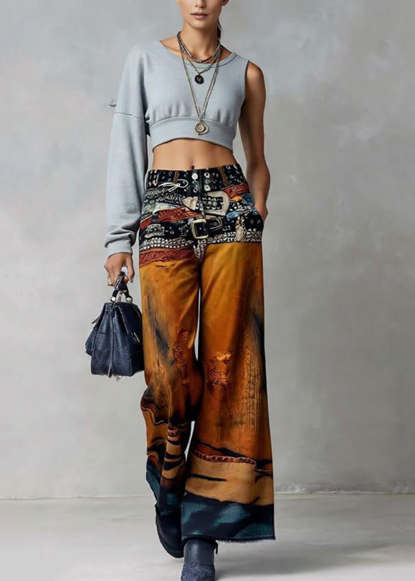 American Style Paintings Print Denim Wide Leg Pants Spring