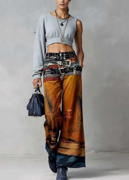 American Style Paintings Print Denim Wide Leg Pants Spring