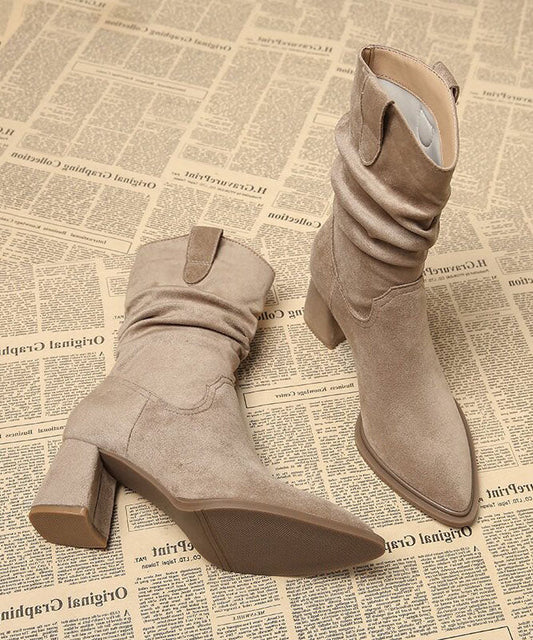 Apricot Boots Chunky Faux Leather Chic Pointed Toe Boots