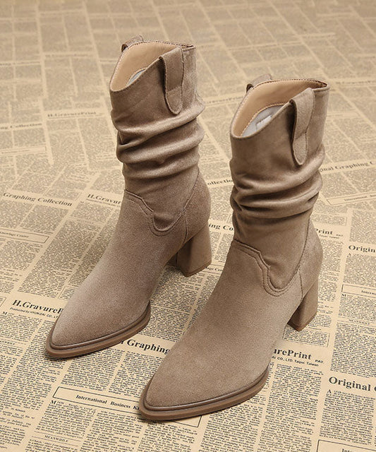 Apricot Boots Chunky Faux Leather Chic Pointed Toe Boots