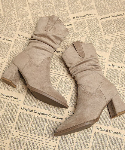 Apricot Boots Chunky Faux Leather Chic Pointed Toe Boots
