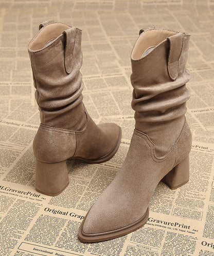 Apricot Boots Chunky Faux Leather Chic Pointed Toe Boots