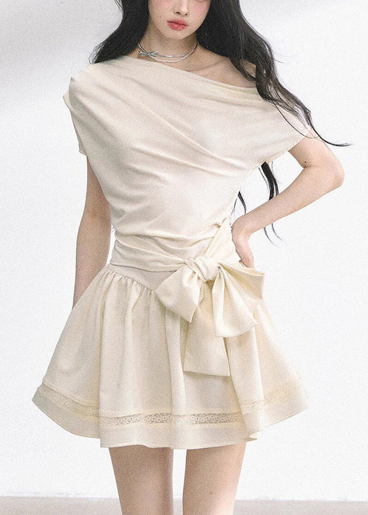 Apricot Bow Tunic Solid Mid Dresses Short Sleeve