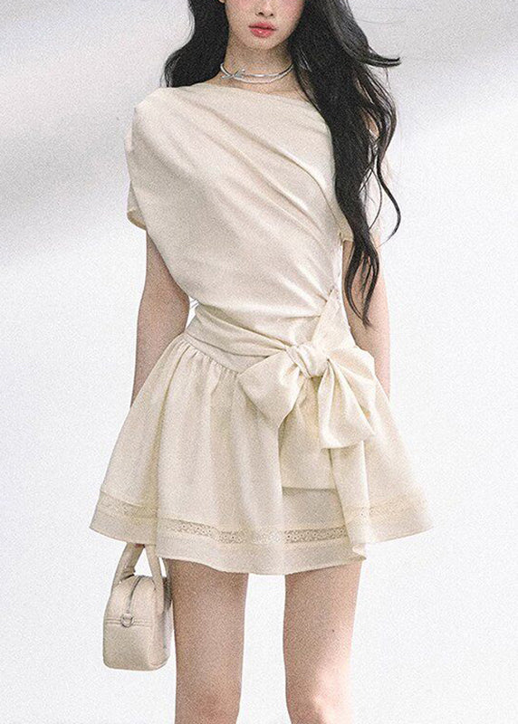 Apricot Bow Tunic Solid Mid Dresses Short Sleeve