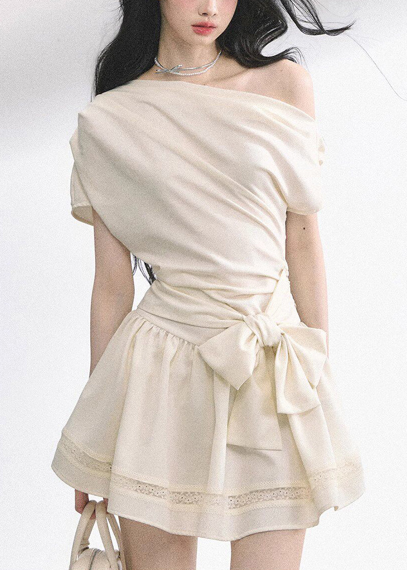 Apricot Bow Tunic Solid Mid Dresses Short Sleeve