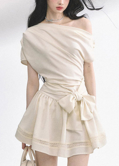 Apricot Bow Tunic Solid Mid Dresses Short Sleeve