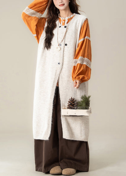 Apricot Button Cotton Knit Long Sweaters Dress ,Top And Wide Leg Pants Three-Piece Set Spring