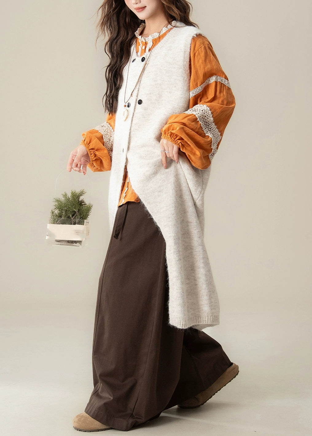 Apricot Button Cotton Knit Long Sweaters Dress ,Top And Wide Leg Pants Three-Piece Set Spring