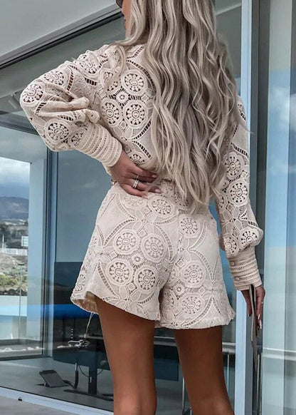 Apricot Button Lace Shirts And Shorts Two Piece Set Spring
