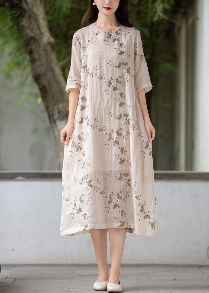 Apricot Button Linen Long Dress O Neck Half Sleeve