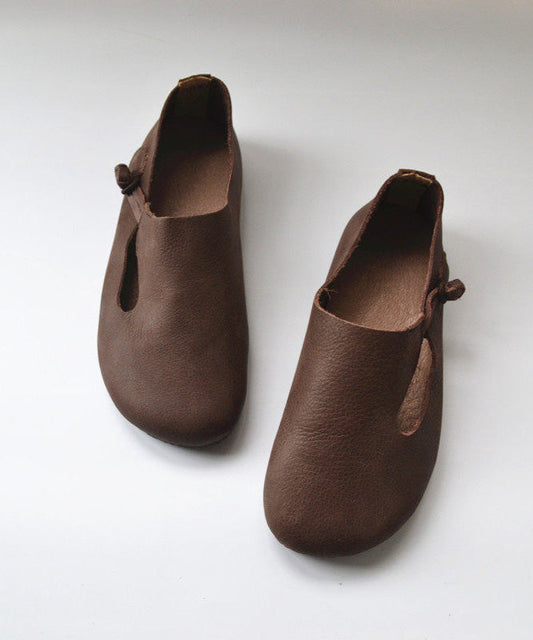 Apricot Cowhide Leather Splicing Flat Shoes For Women