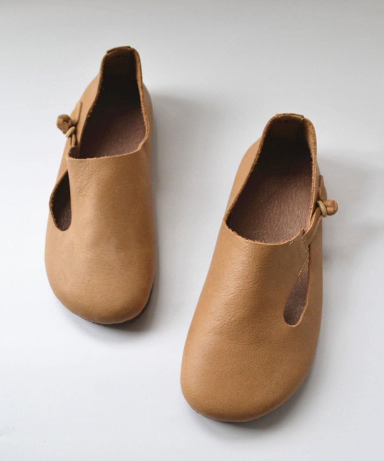 Apricot Cowhide Leather Splicing Flat Shoes For Women