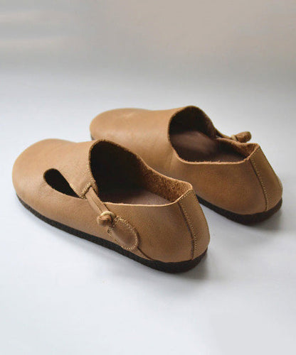 Apricot Cowhide Leather Splicing Flat Shoes For Women