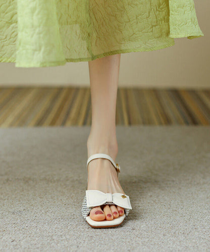 Apricot Cowhide Leather Walking Sandals Splicing Bow Buckle Strap