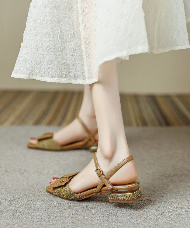 Apricot Cowhide Leather Walking Sandals Splicing Bow Buckle Strap
