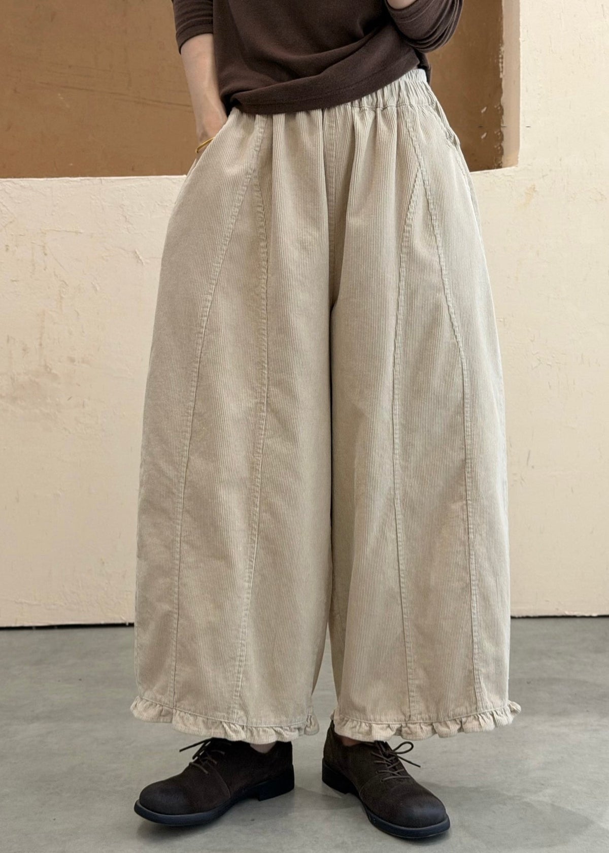 Apricot Elastic Waist Patchwork Cotton Pants Ruffled Fall