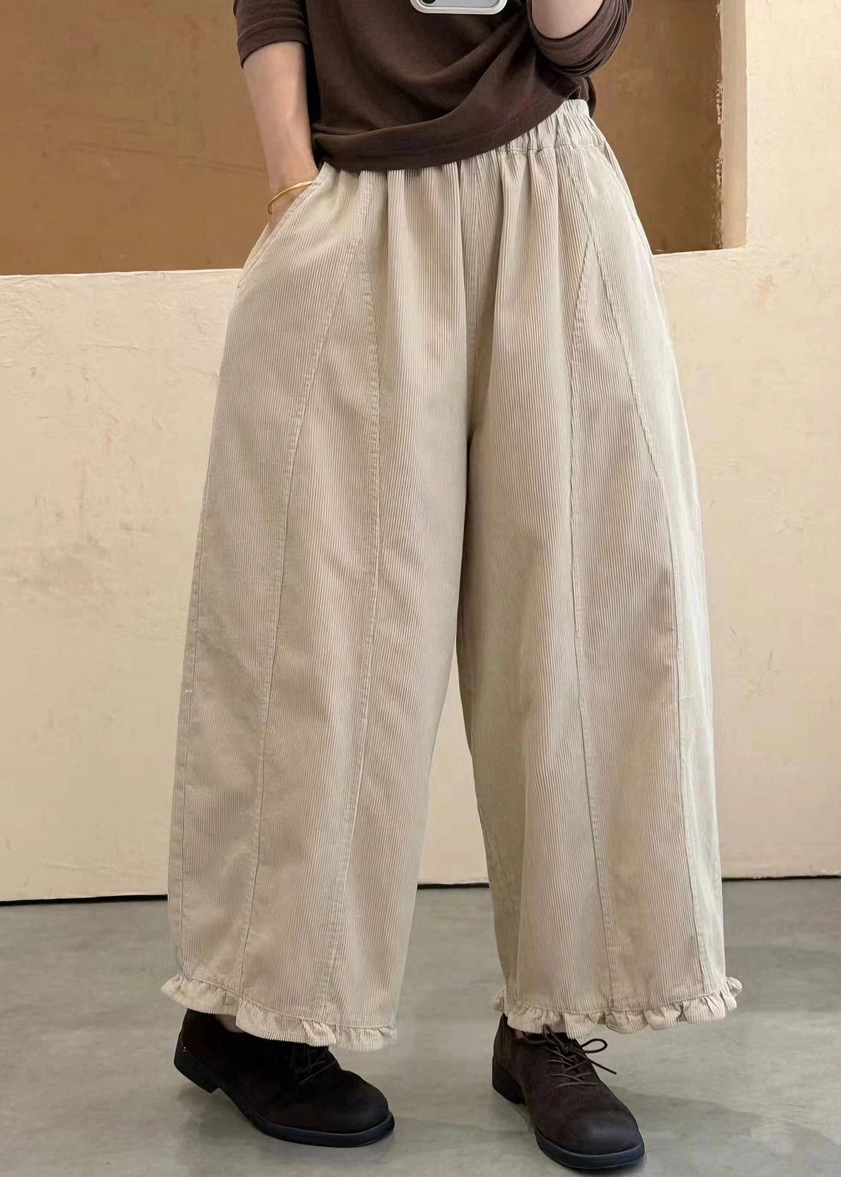 Apricot Elastic Waist Patchwork Cotton Pants Ruffled Fall