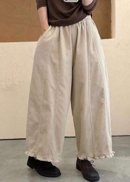 Apricot Elastic Waist Patchwork Cotton Pants Ruffled Fall
