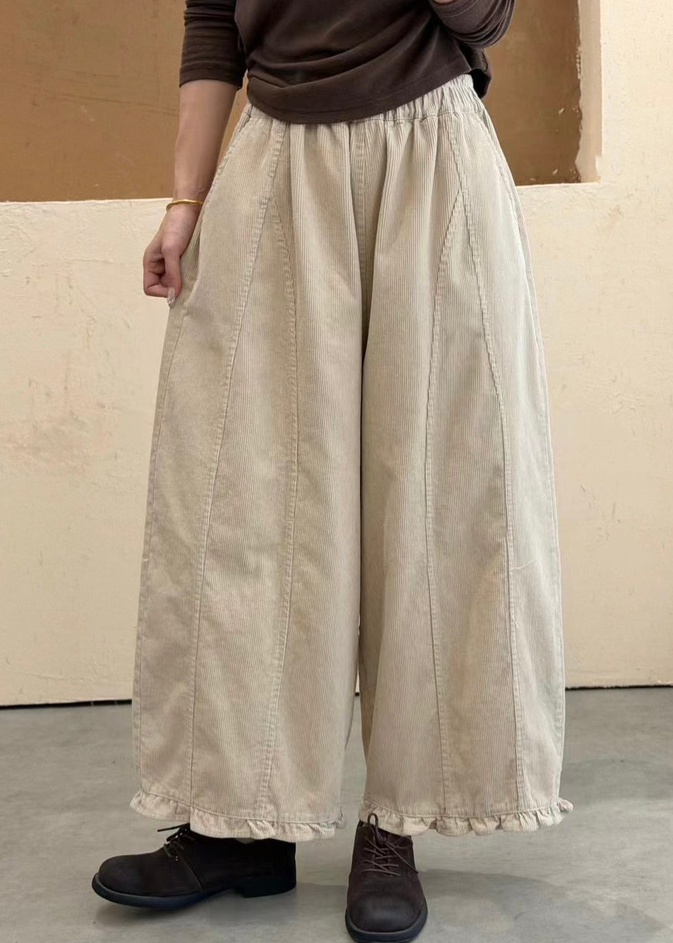 Apricot Elastic Waist Patchwork Cotton Pants Ruffled Fall