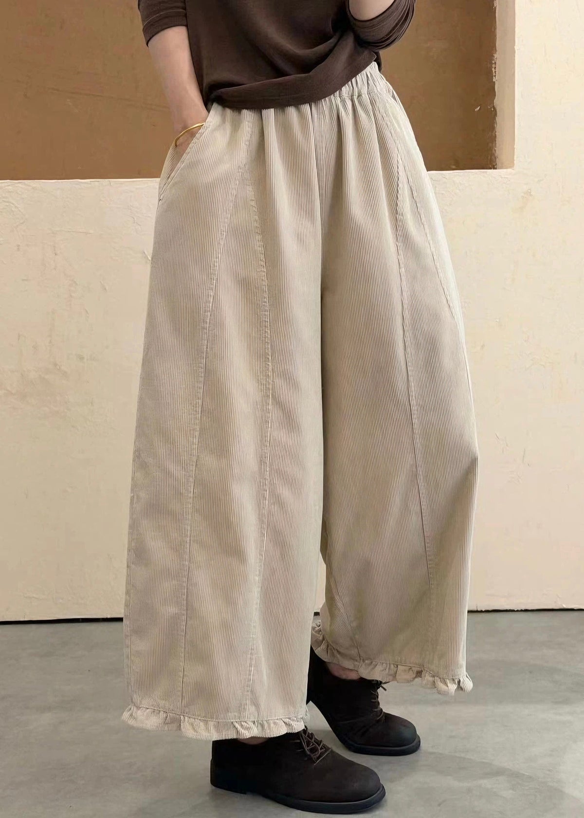Apricot Elastic Waist Patchwork Cotton Pants Ruffled Fall