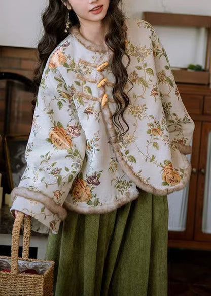 Apricot Embroidered Patchwork Warm Fleece Winter Parkas Fur Collar