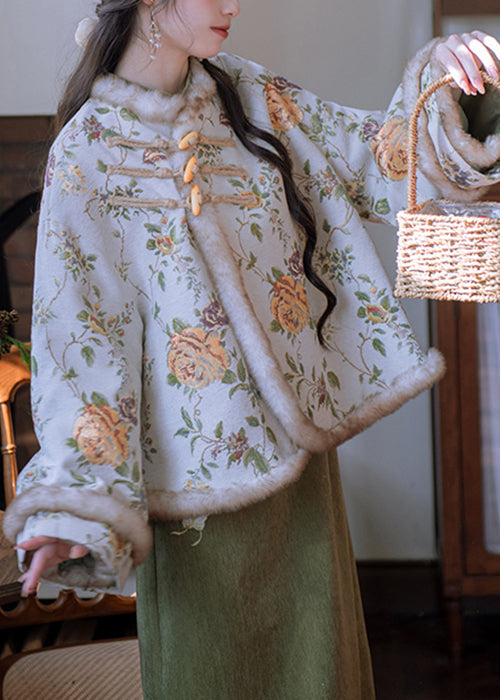 Apricot Embroidered Patchwork Warm Fleece Winter Parkas Fur Collar