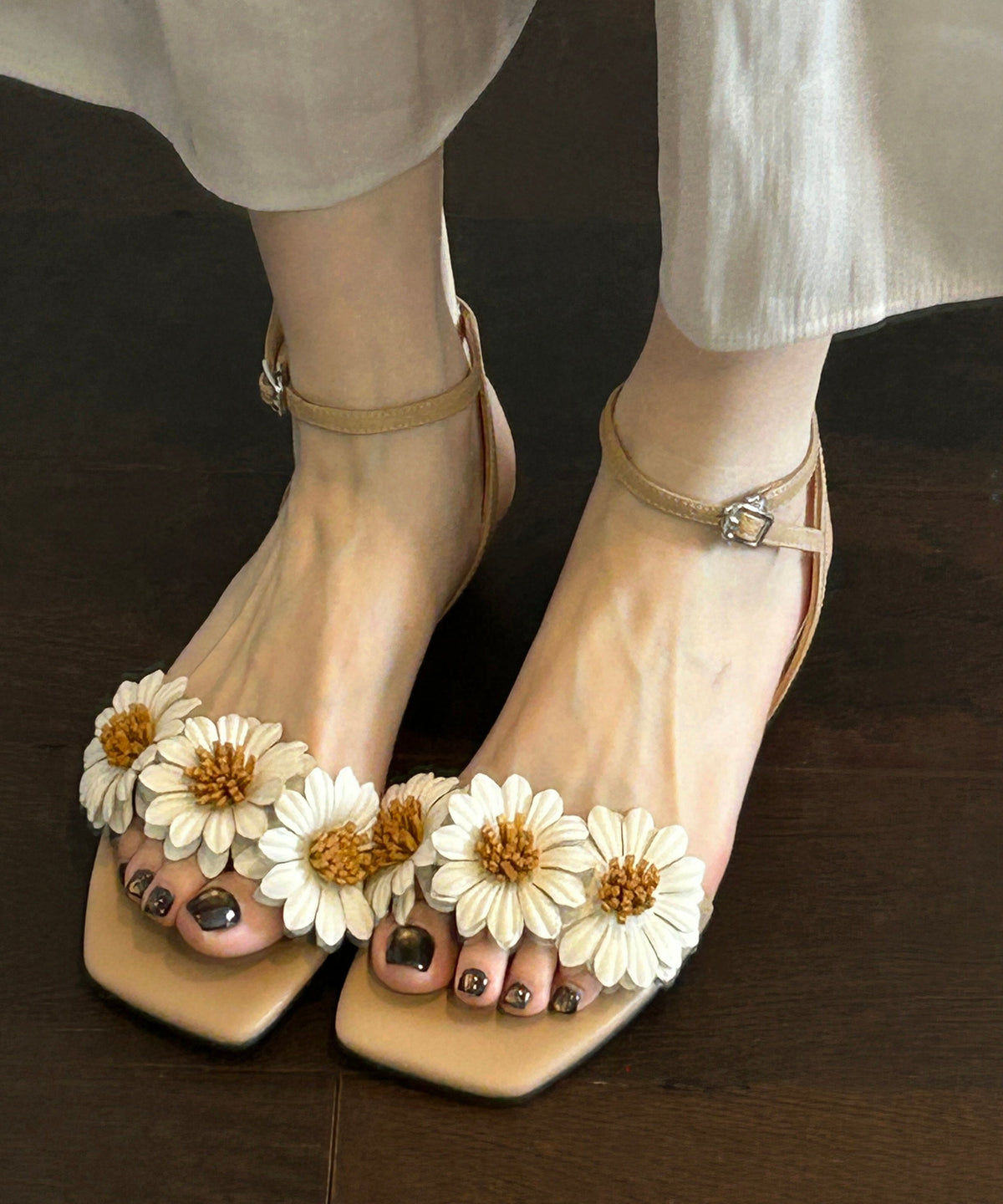 Apricot Faux Leather Floral Splicing Sandals Peep Toe