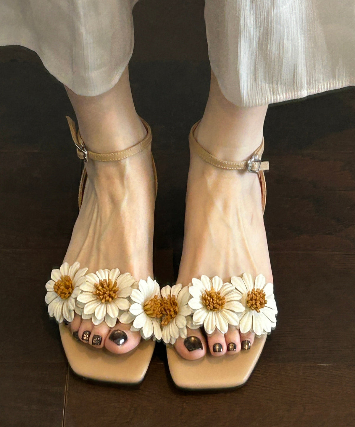 Apricot Faux Leather Floral Splicing Sandals Peep Toe