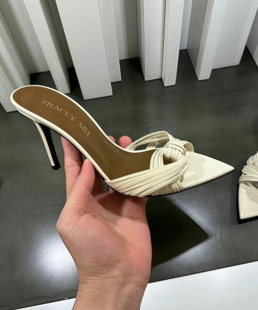 Apricot Faux Leather High Heel Slide Sandals Pointed Toe Peep Toe