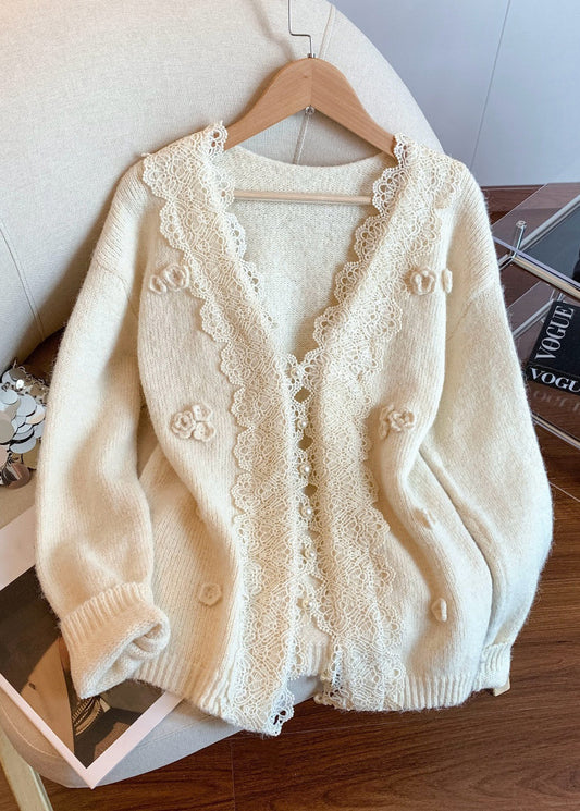 Apricot Floral Button Patchwork Knit Winter Coat V Neck