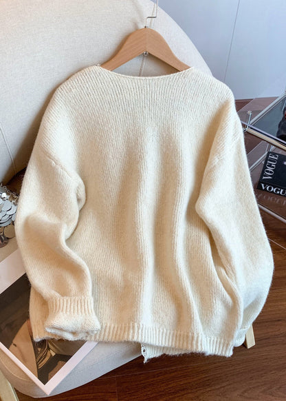 Apricot Floral Button Patchwork Knit Winter Coat V Neck