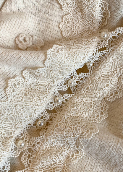 Apricot Floral Button Patchwork Knit Winter Coat V Neck