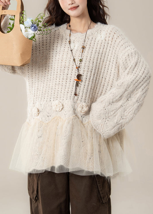 Apricot Floral Pearl Tulle Patchwork Knit Sweaters Hollow Out