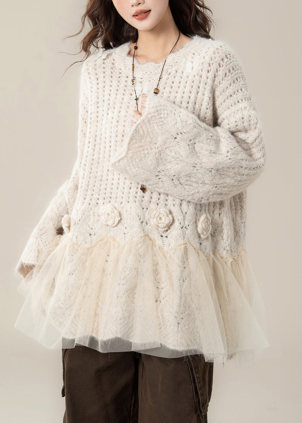 Apricot Floral Pearl Tulle Patchwork Knit Sweaters Hollow Out
