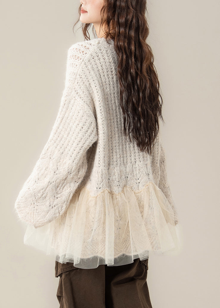 Apricot Floral Pearl Tulle Patchwork Knit Sweaters Hollow Out