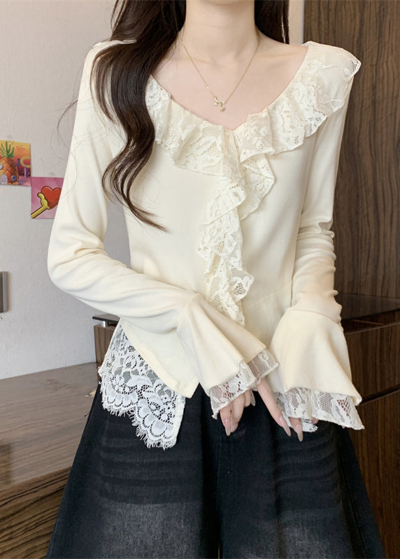 Apricot Front Open Lace Patchwork Cotton T Shirt V Neck Fall