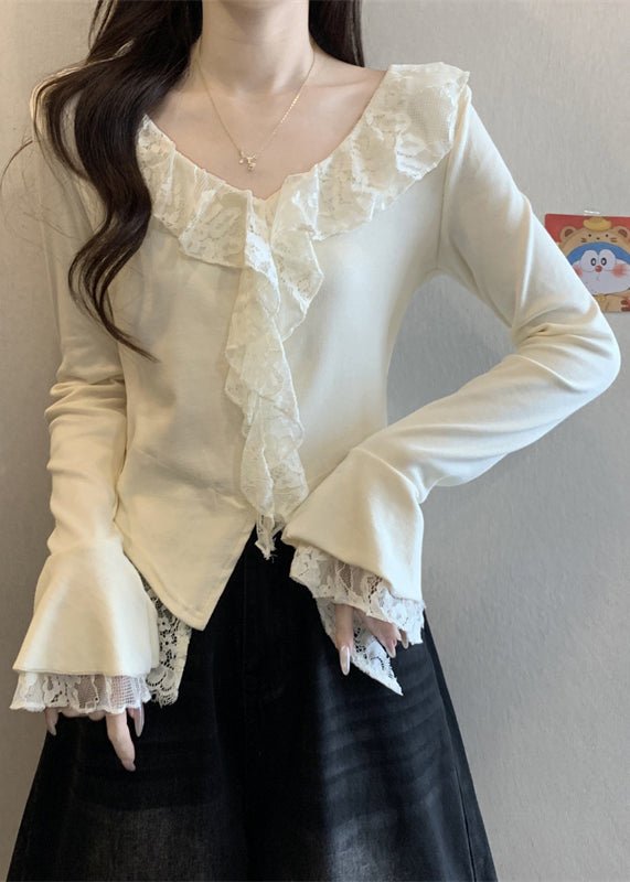 Apricot Front Open Lace Patchwork Cotton T Shirt V Neck Fall
