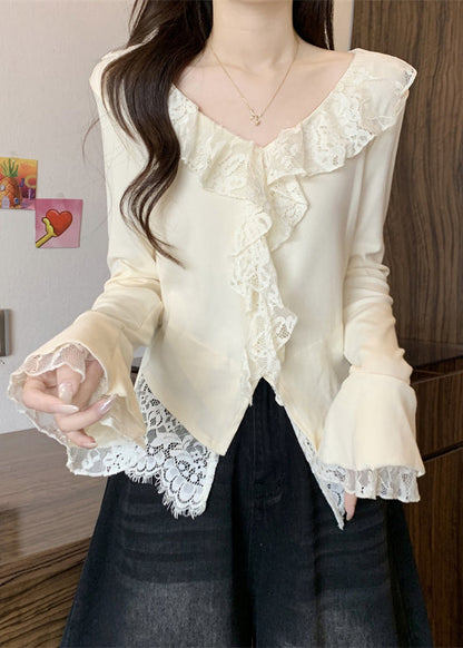 Apricot Front Open Lace Patchwork Cotton T Shirt V Neck Fall
