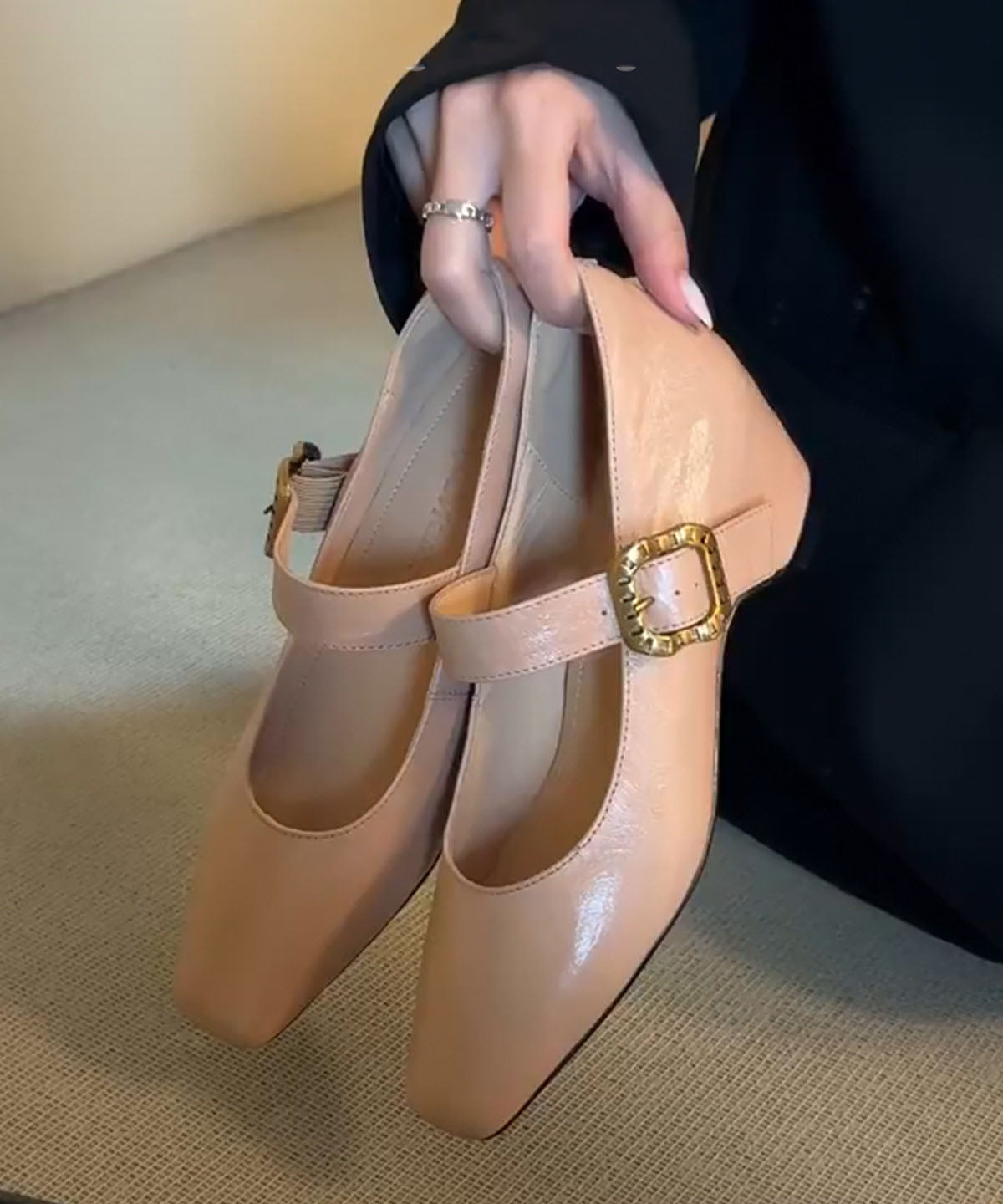 Apricot High Heels Chunky Faux Leather Handmade High Heels