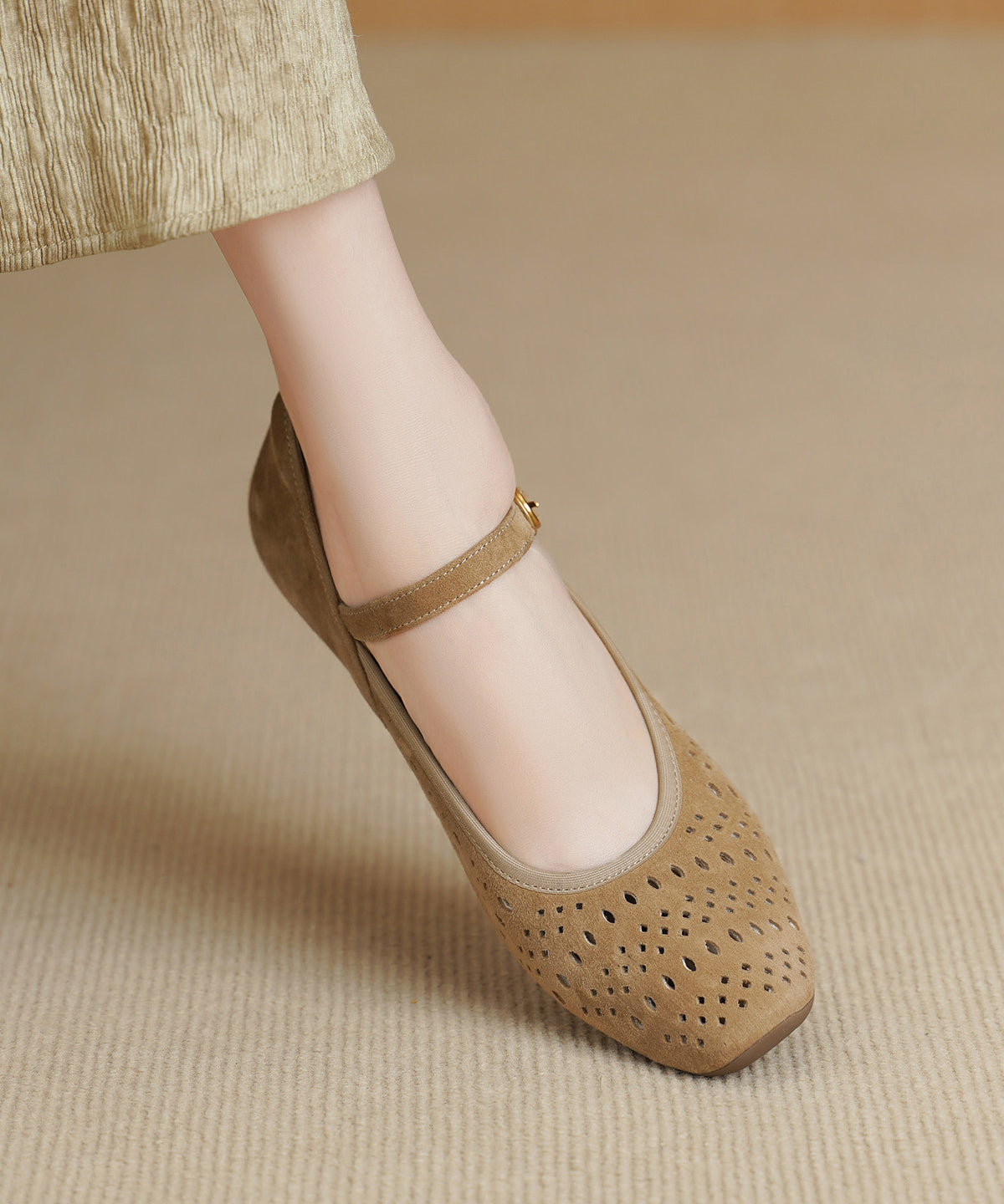 Apricot Hollow Out Buckle Strap Splicing Suede Chunky High Heels