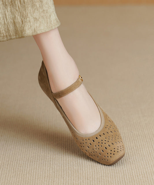 Apricot Hollow Out Buckle Strap Splicing Suede Chunky High Heels