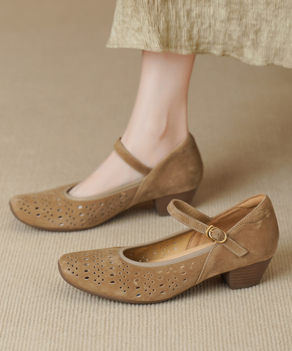 Apricot Hollow Out Buckle Strap Splicing Suede Chunky High Heels